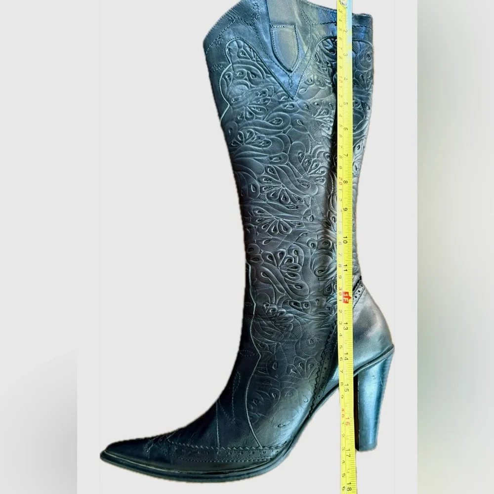 Genuine Leather Embroidered Black Tall Boots – Statement Heels - Picture 14 of 17